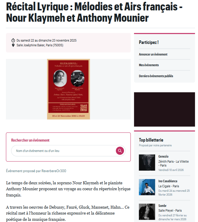 Récital Lyrique : Mélodies et Airs français - Nour Klaymeh et Anthony Mounier